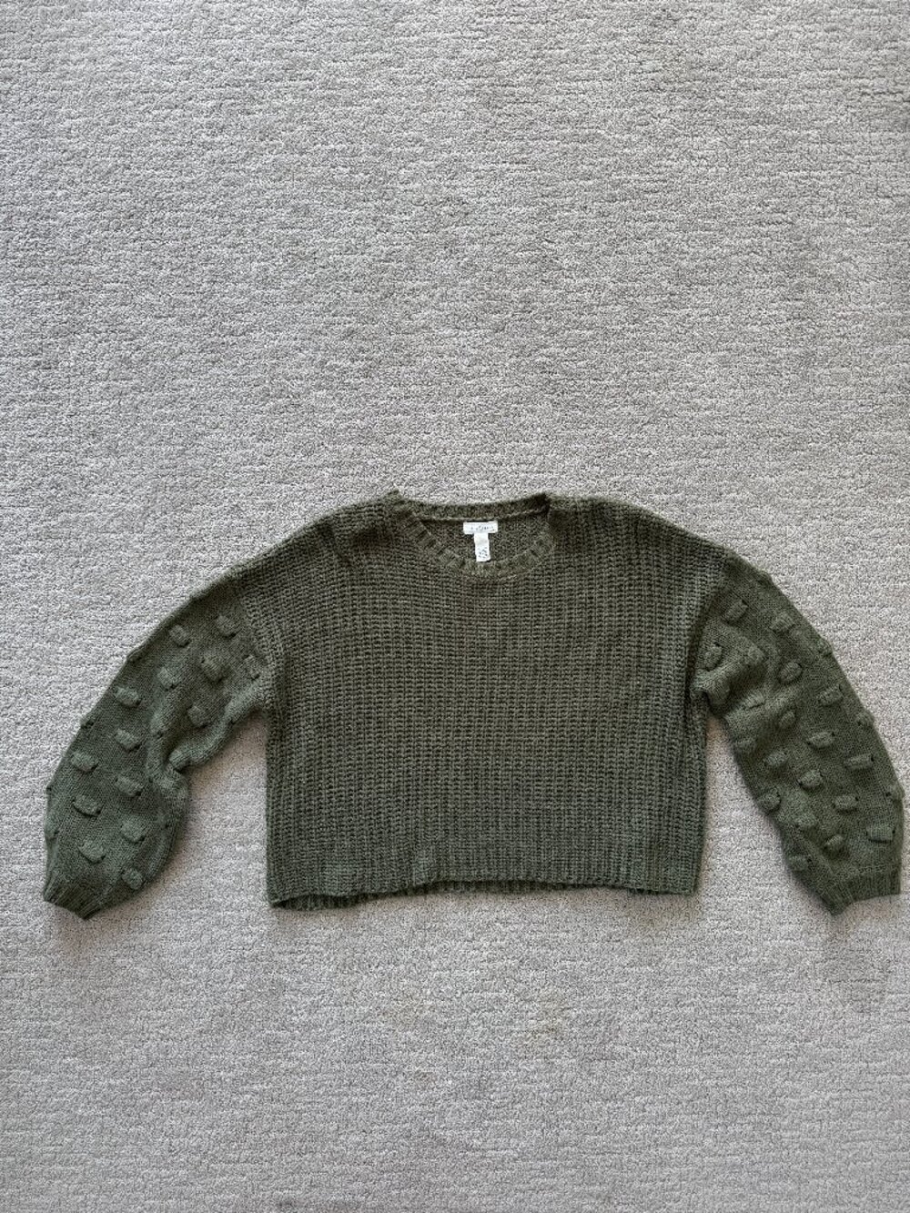 Full Tilt Olive Green Cropped Bobble Sleeve Knit Sweater